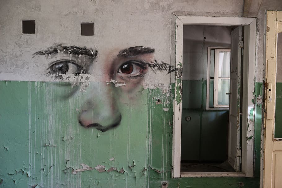 open door, wall, vogelsang, germany, graffiti, human, person