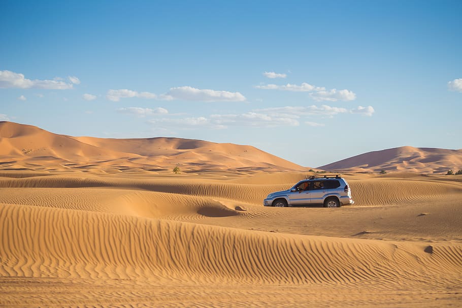 silver SUV on desert during daytime, soil, sand, car, nature HD wallpaper