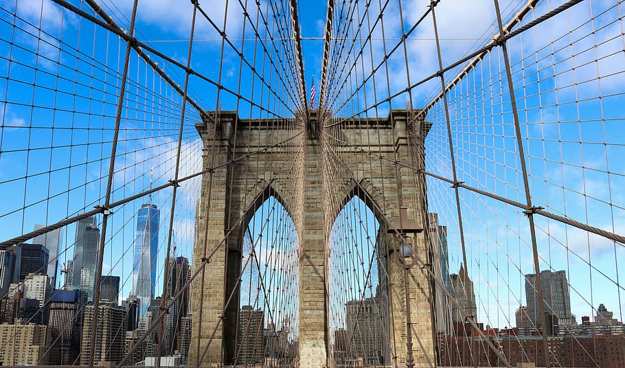 brooklyn, bridge, skyline, walking, usa, cityscape, built structure HD wallpaper