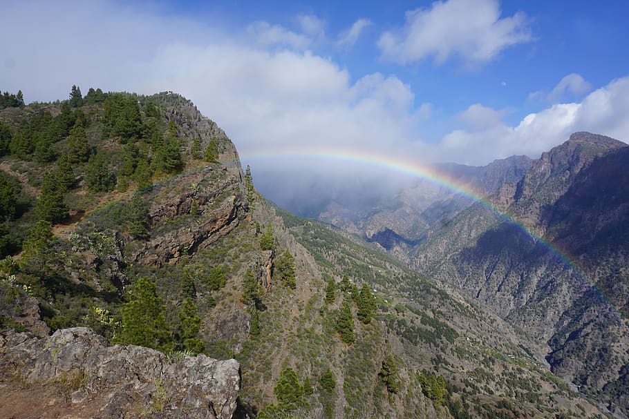 rainbow, clouds, landscape, island, sea, mountains, beauty in nature HD wallpaper