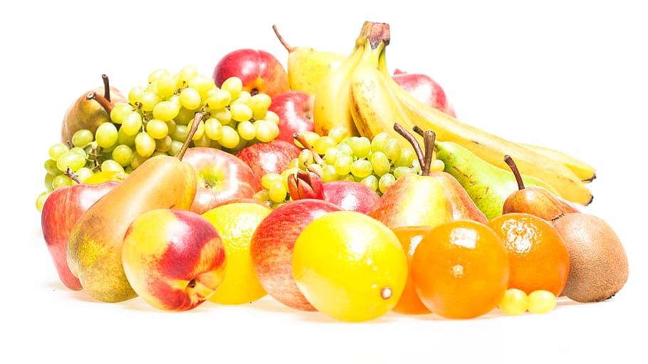fruits, grape, grapes, lemon, apple, pear, food, fresh, heap HD wallpaper