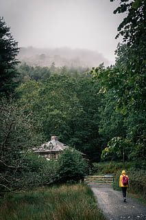 Person Walking on Rural Road, adventure, backpack, cloudy, daylight HD wallpaper