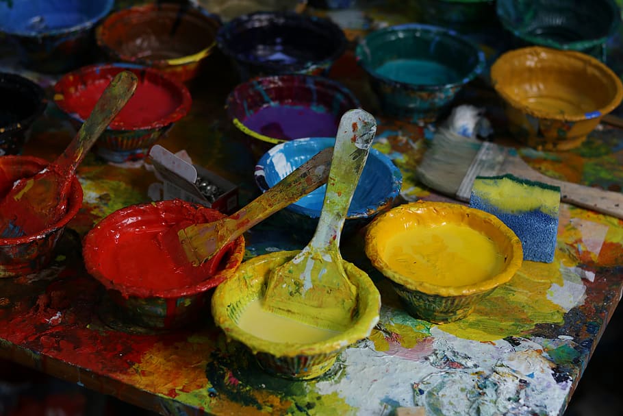 yellow, red, and blue paint containers, food, egg, spoon, cutlery, HD wallpaper