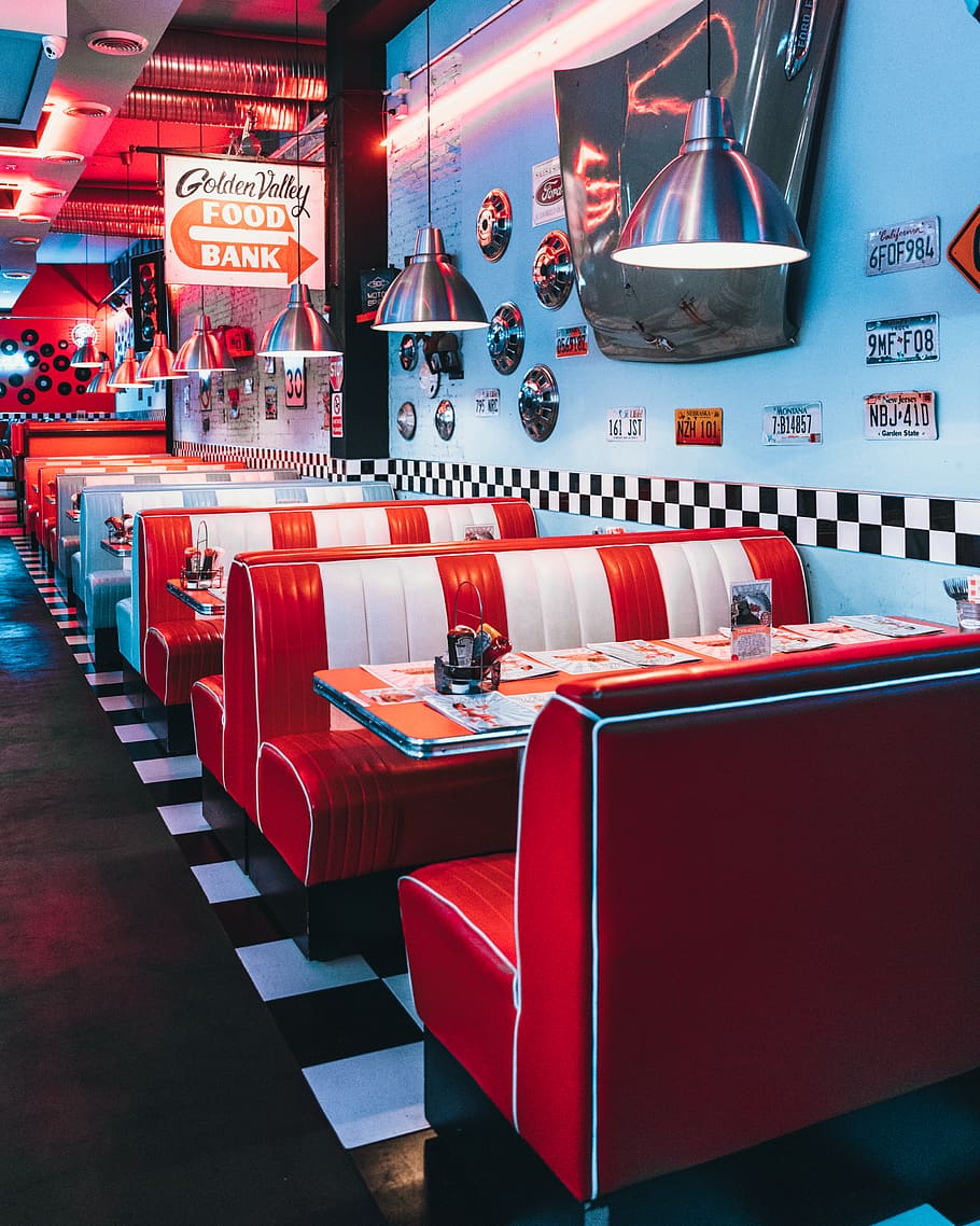 red padded sofa and tables inside building, seat, illuminated HD wallpaper