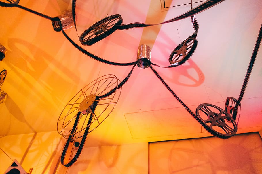 Film strips on the ceiling, background, camera, cine, cinema HD wallpaper
