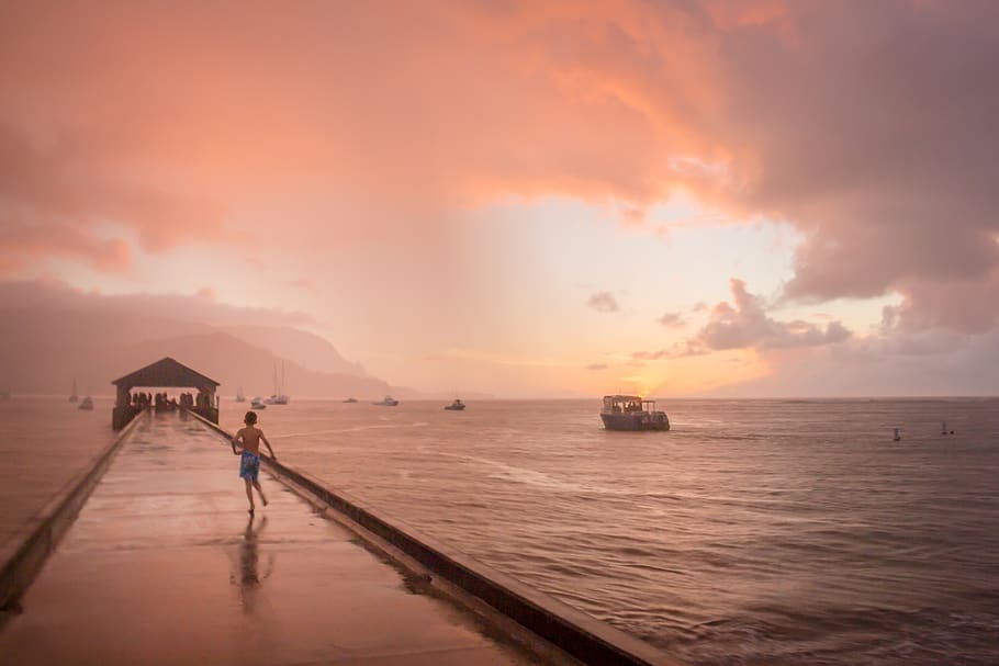 boy running on dock under cloudy sky, water, ocean, bridge, sea HD wallpaper
