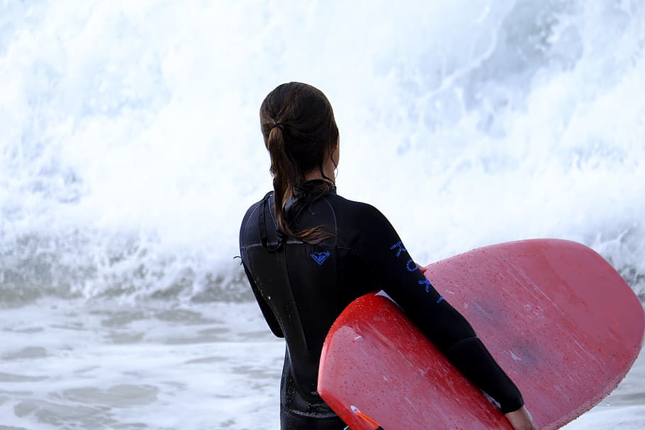 surfer, surfing, girl, red, surfboard, sport, sea, healthy