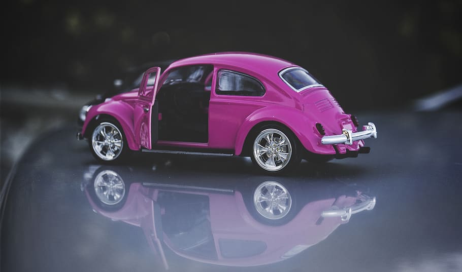 Pink Die-cast Volkswagen Beetle Coupe Scale Model, action, asphalt, HD wallpaper