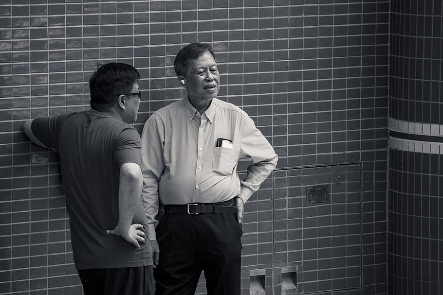 Two Men Standing Near Wall, adult, black-and-white, business HD wallpaper