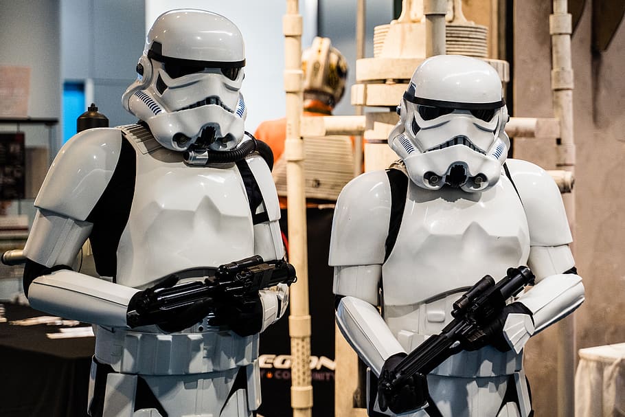 two Star Wars Storm Troopers, apparel, helmet, clothing, robot HD wallpaper