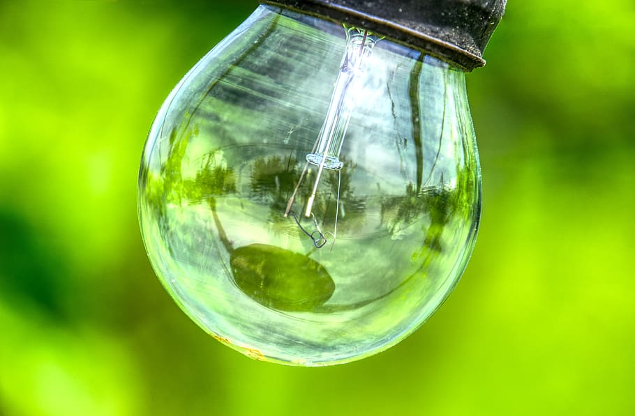 light bulb, glow wire, glass, pear, close up, macro, green