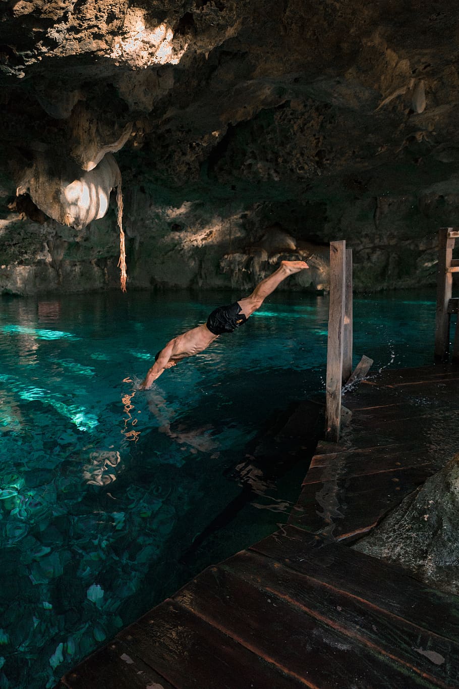 man diving in green underground river water, person, human, diver, HD wallpaper