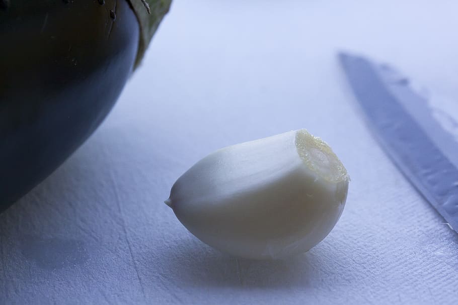 eggplant, garlic, knife, cutting board, preparation, eat, healthy HD wallpaper