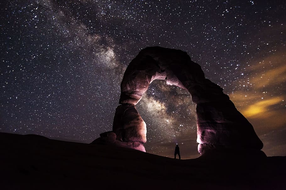 stone, arch, space, nature, landscape, night, dark, sky, stars HD wallpaper