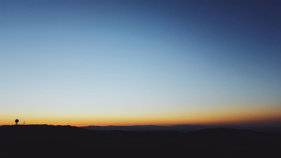 sunset, mountain, tree, blue, clouds, sky, landscape, nature HD wallpaper