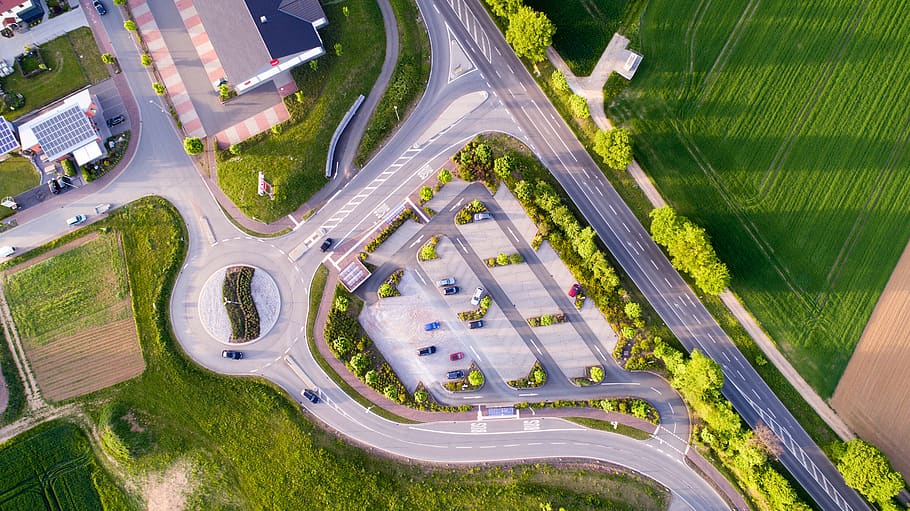 aerial, view, green, grass, trees, plant, buildings, road, street HD wallpaper