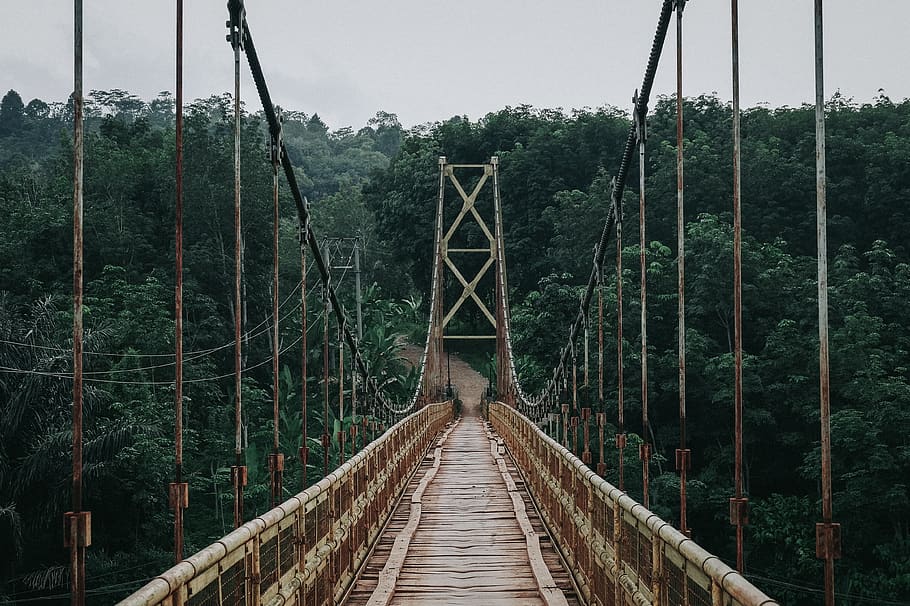 empty foot bridge, building, suspension bridge, rope bridge, handrail HD wallpaper