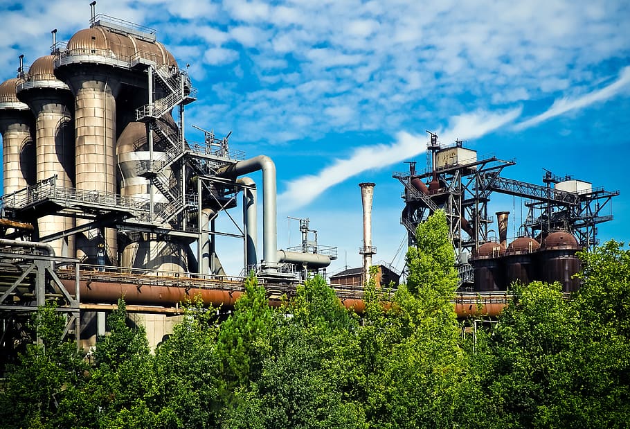 Green Trees Outside Factory Under Stratus Clouds, blue sky, chimney, HD wallpaper