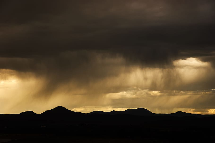 cloudy sky, contrast, sunset, golden, silhouette, mountain line HD wallpaper