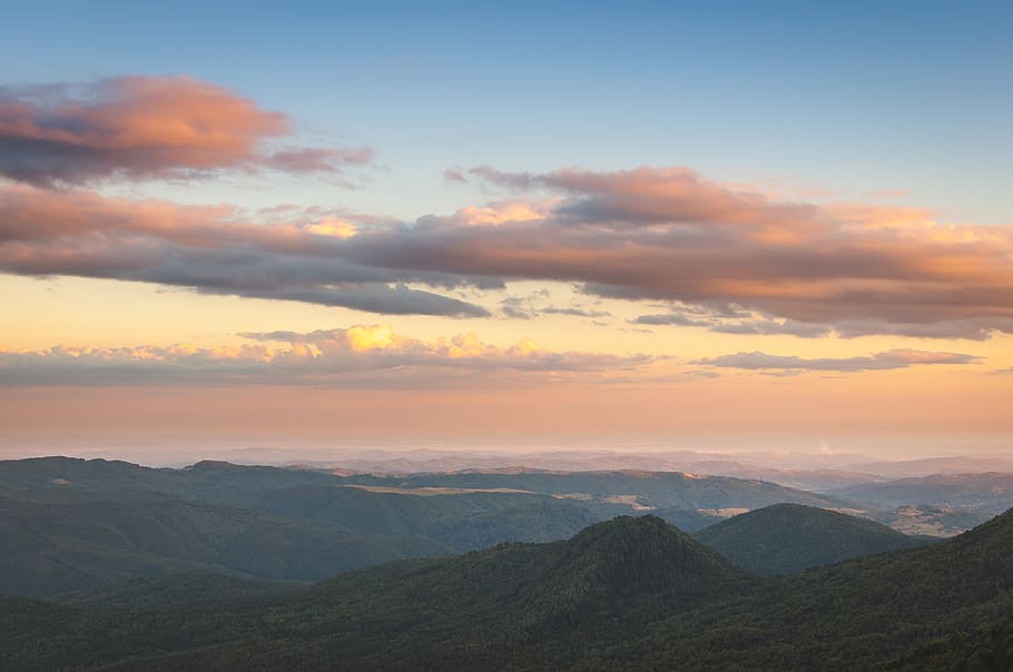 sky, hill, cloud, forest, sunset, beauty in nature, scenics - nature HD wallpaper