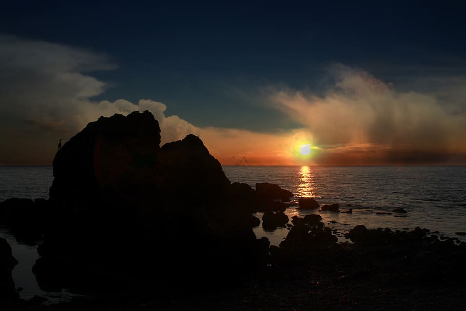 sun, ocean, rock, cloud, sky, in the evening, sea, water, scenics - nature HD wallpaper