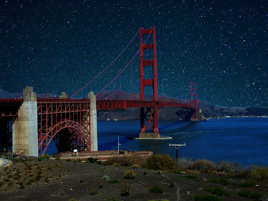 bridge, night, sky, star, america, architecture, city, california HD wallpaper
