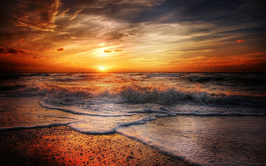 Ocean Waves during Sunset, beach, clouds, dawn, horizon, idyllic HD wallpaper