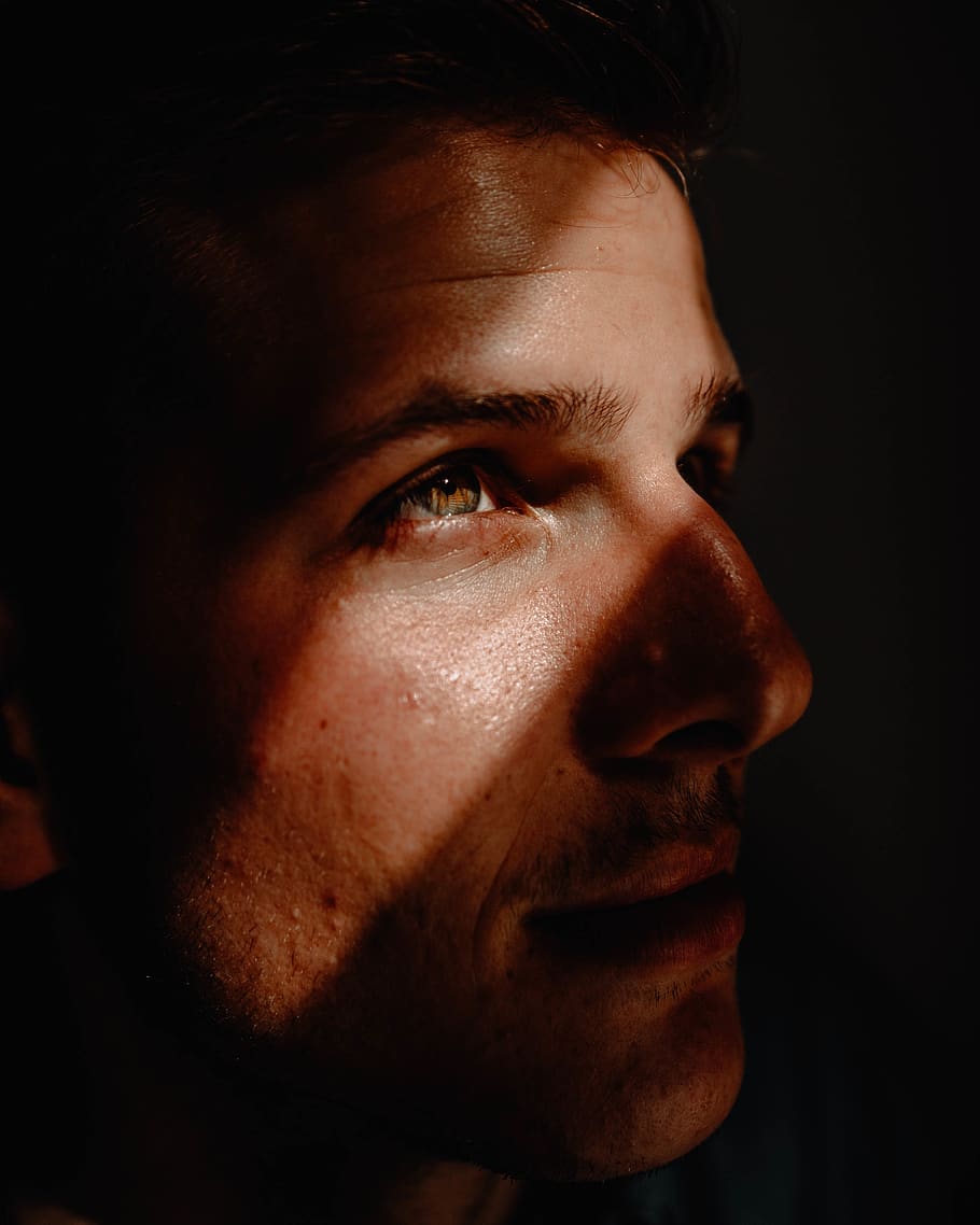 focus photography of man looking up, one person, portrait, studio shot