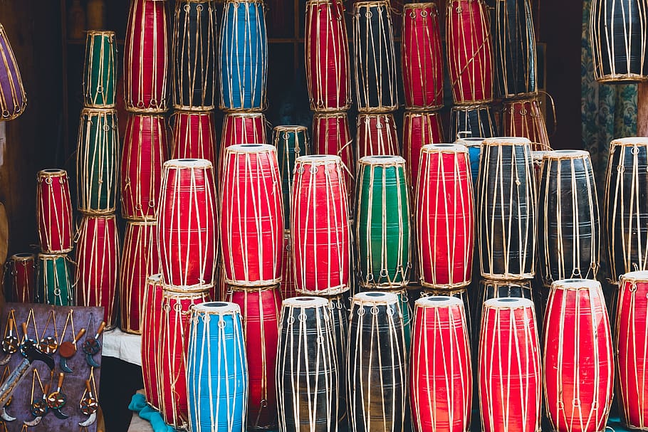 pile of assorted drums, large group of objects, for sale, variation HD wallpaper