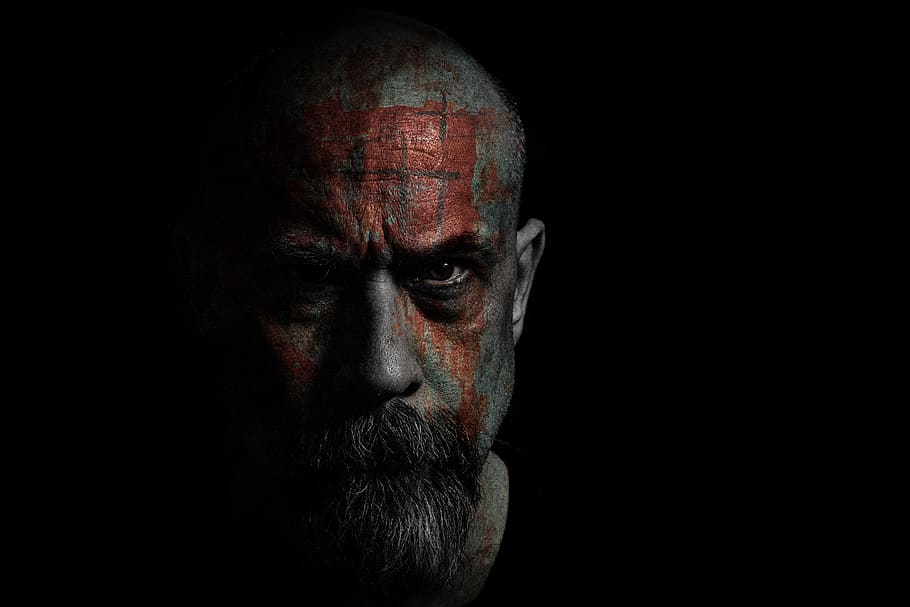 Man With Red Paint On Face, bald, black and white, black-and-white, HD wallpaper