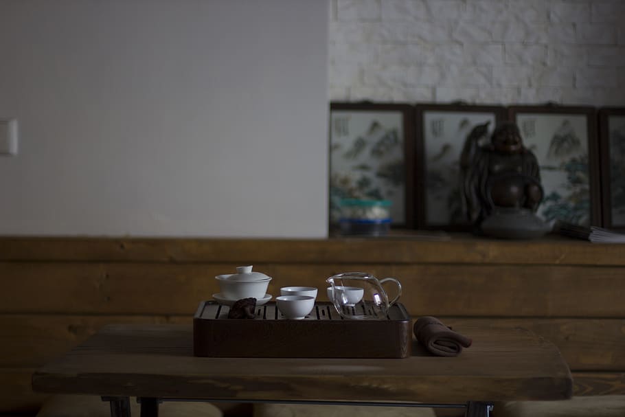 rectangular brown wooden tray with canister, pottery, cup, coffee cup HD wallpaper