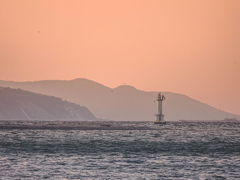 sunrise, gradient, lighthouse, landscape, sea, seascape, sky HD wallpaper