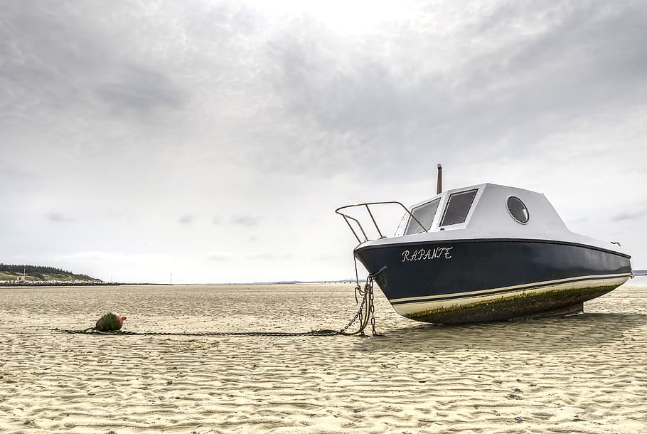 ship, beach, sea, ebb, anchor, applied, clouds, wadden sea HD wallpaper