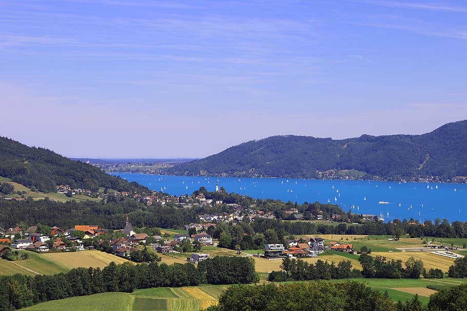 attersee, lake, abtsdorf, view, panorama, summer, village, upper austria HD wallpaper