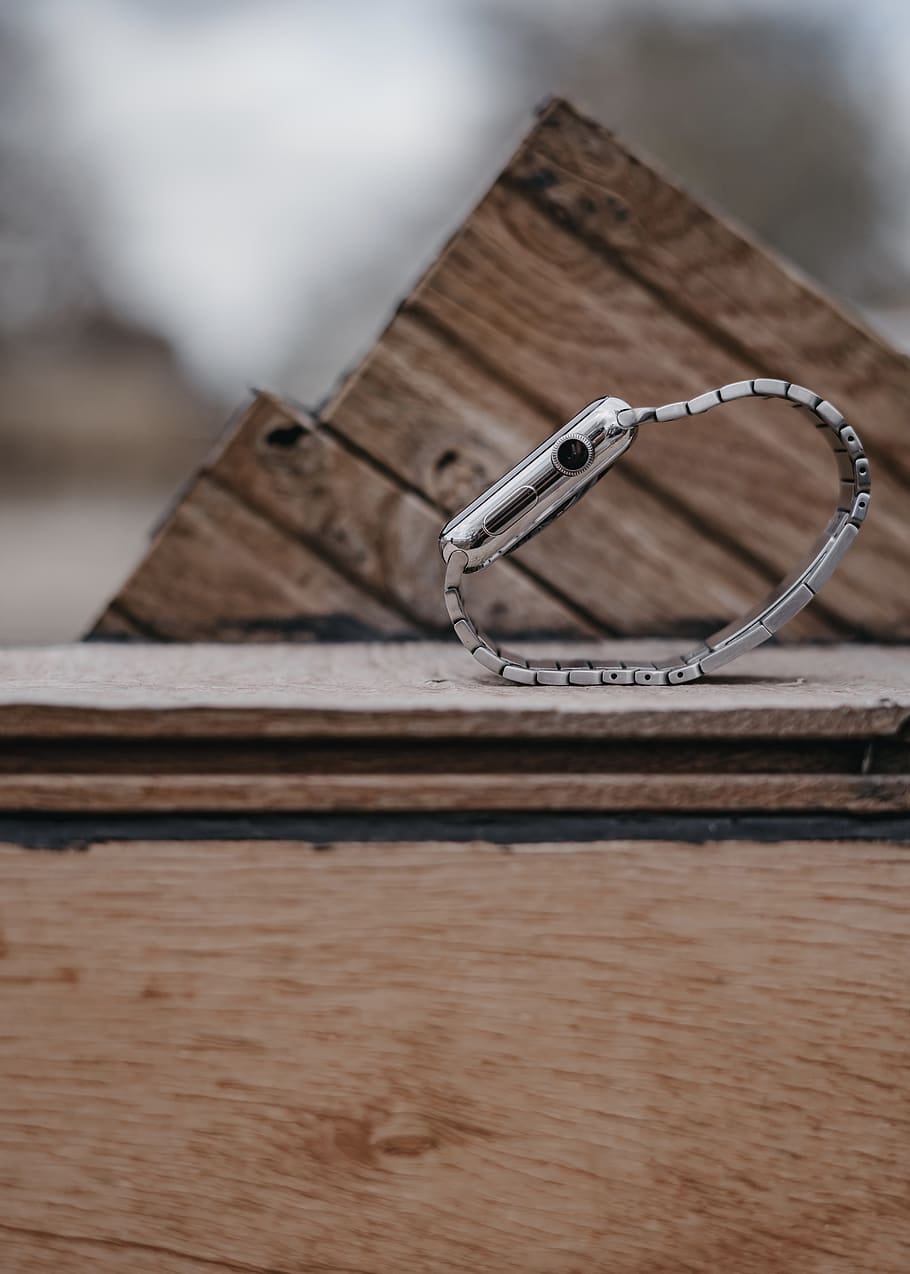 silver smartphone with link bracelet, wood - material, no people HD wallpaper