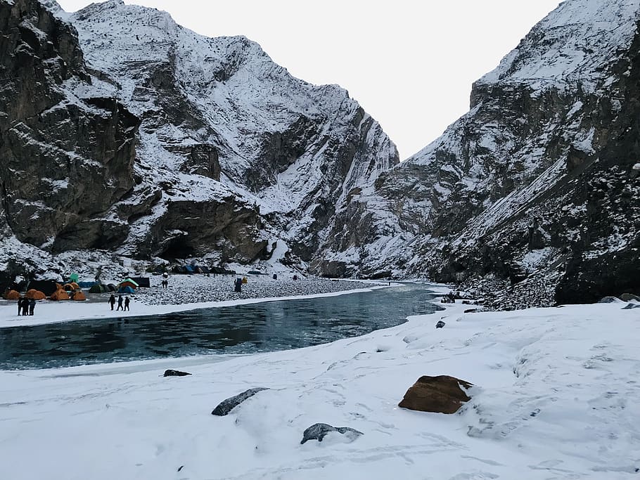 river surrounded by mountains, outdoors, nature, ice, snow, glacier