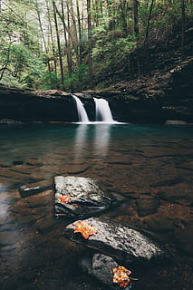 black rock formation in calm body of water, long exposure, autumn HD wallpaper