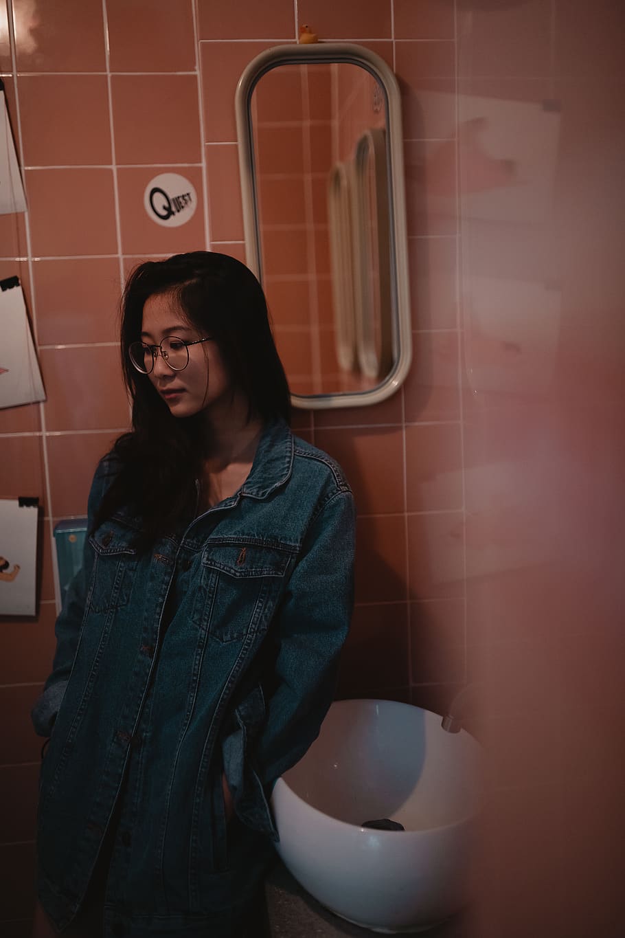 Woman In Denim Top, bathroom, beautiful, person, pose, restroom HD wallpaper