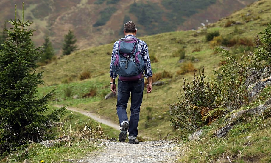 Man Carrying Backpack Walking Near Green Tree and Grass Duriong Daytime HD wallpaper