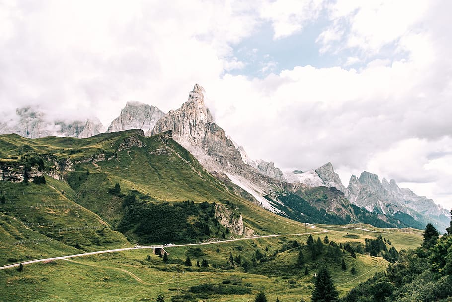green mountain, cloud, peak, summit, valley, road, grass, tree HD wallpaper