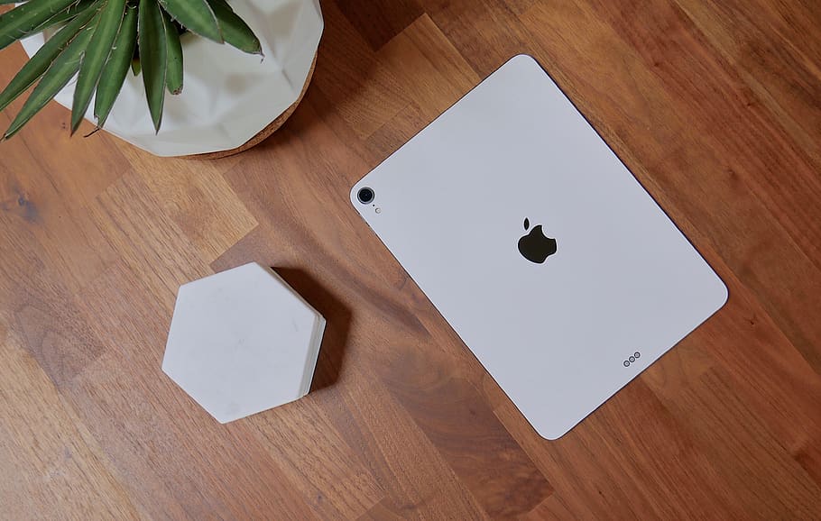 white iPad, table, wood - material, high angle view, indoors HD wallpaper