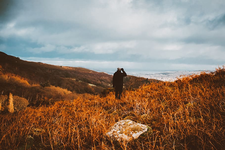 Man Standing on Brown Grass Field, adventure, daylight, explore HD wallpaper