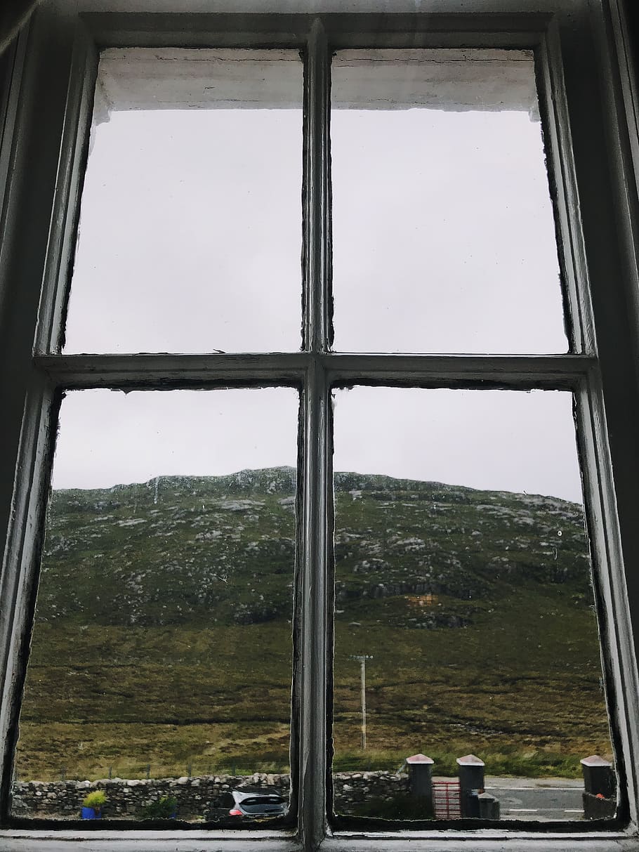 4-panel glass window pane, frame, mountain, architecture, building HD wallpaper