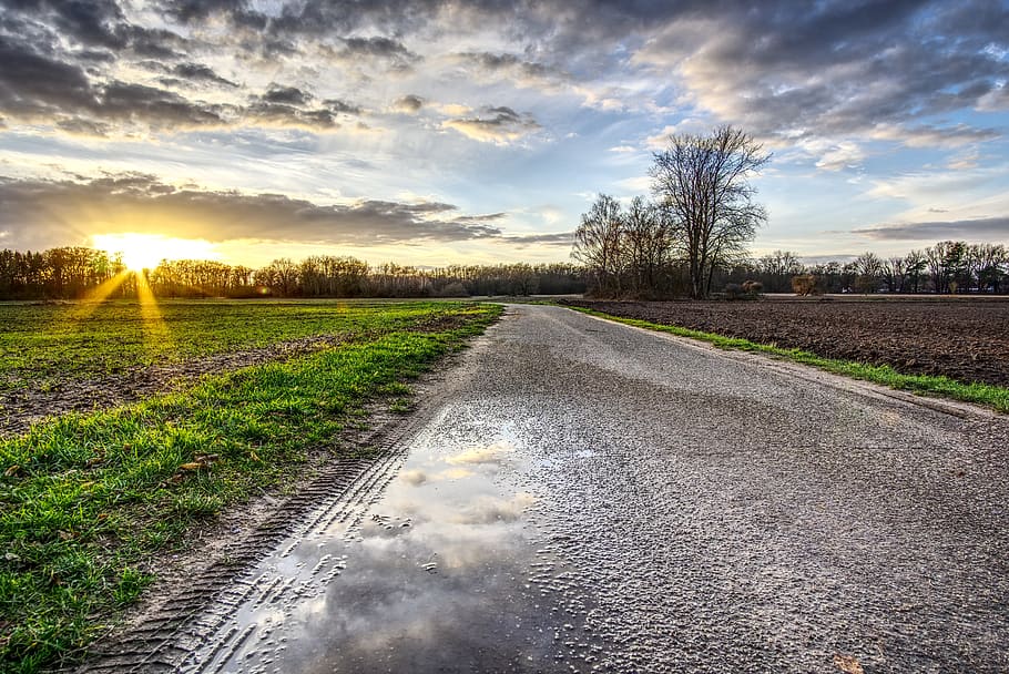 sunset, sky, clouds, field, meadow, landscape, mood, abendstimmung HD wallpaper