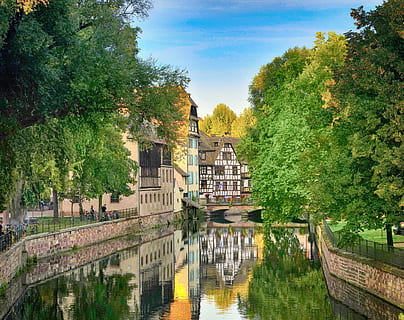 alsace, strasbourg, scenic, river, landscape, reflection, tree HD wallpaper