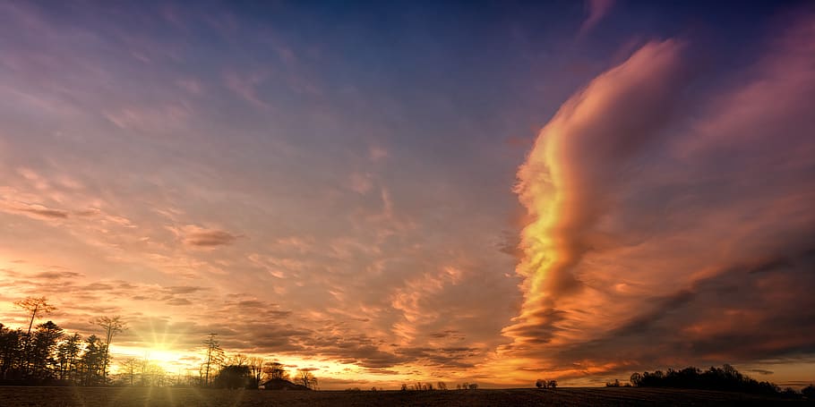 sunset, panorama, sky, field, clouds, landscape, nature, dusk HD wallpaper