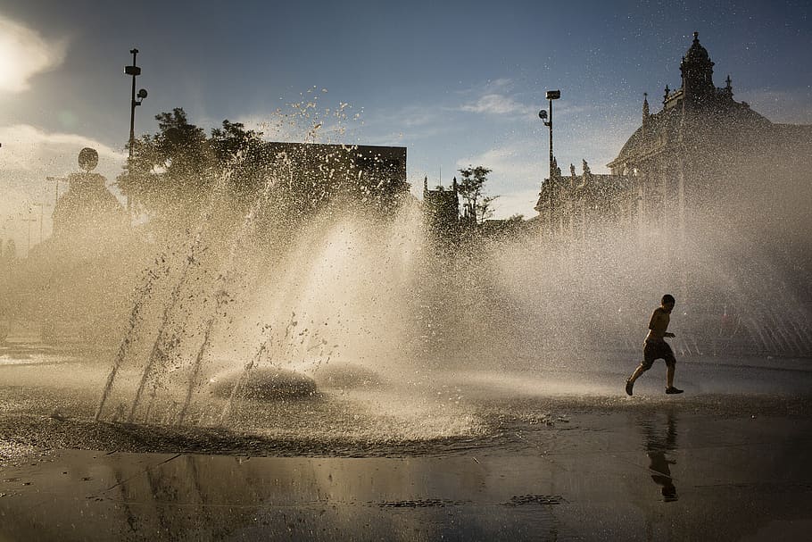 water, spraying, motion, one person, splashing, architecture HD wallpaper