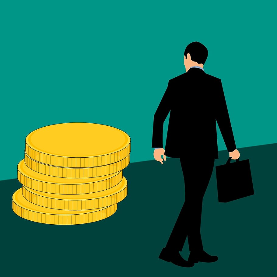 Illustration of businessman with briefcase walking past stack of gold coins., HD wallpaper