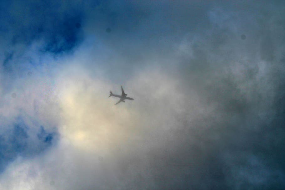blue, sky, airplane, backround, wallpaper, high, fly, cloudy HD wallpaper