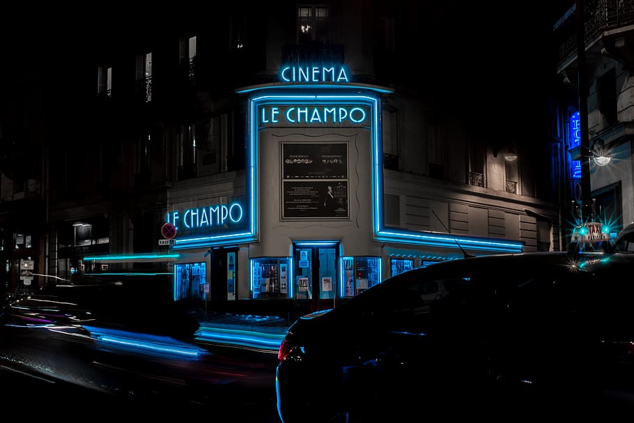 Le Champo buiding, paris, france, night, outdoors, lighting, bench HD wallpaper